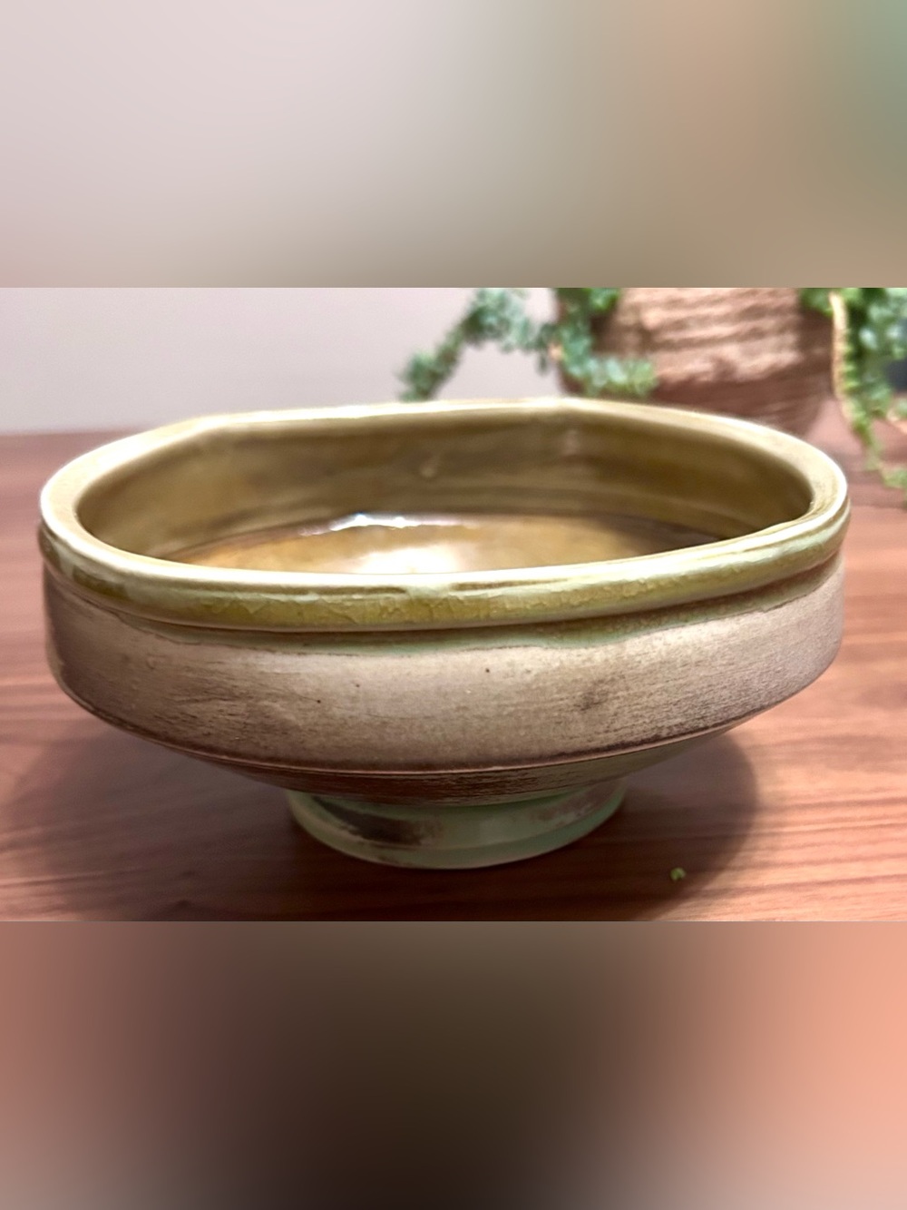 Vintage Studio Pottery Organic Square Footed Bowl Green Crackle Glaze 6”